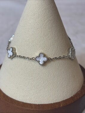White Enamel Mini Clover Bracelet or Anklet Stainless Steel